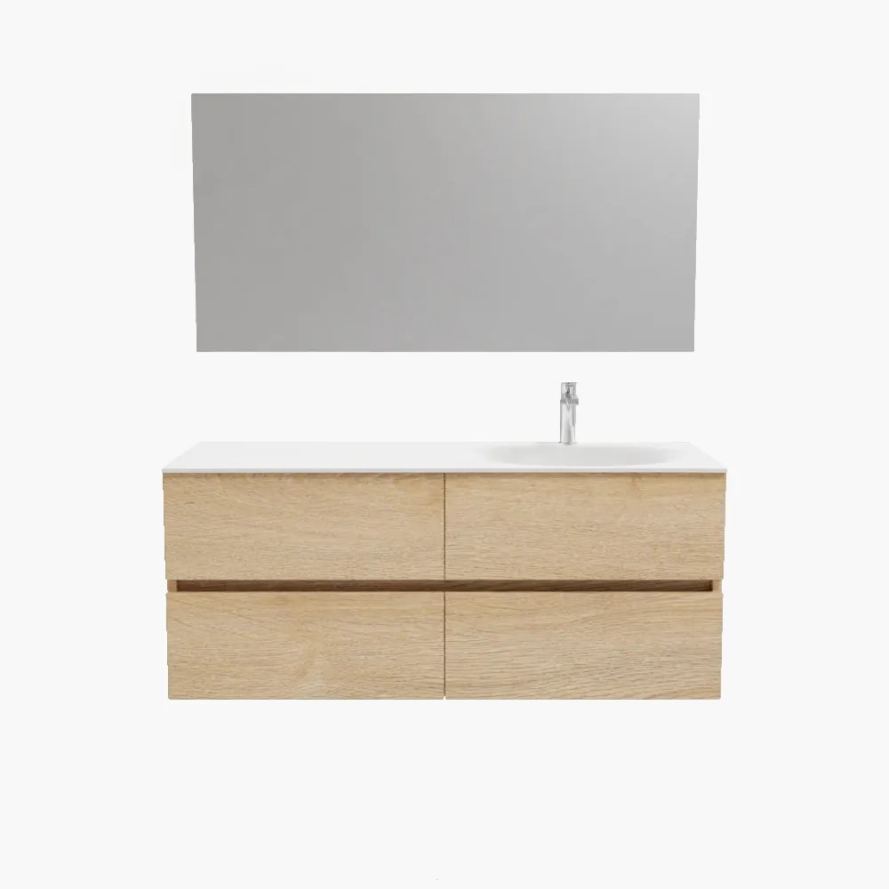 Zaro Sevilla Solid Surface badmeubel 120cm licht eiken 1 kraangat spoelbak rechts met 4 lades