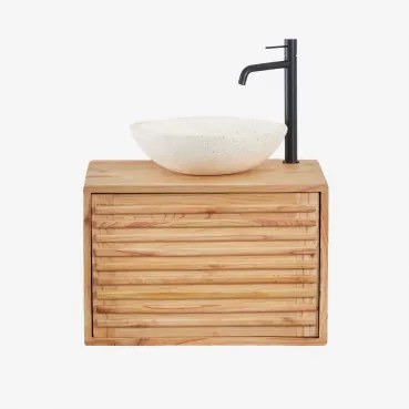 Deleyna Zwevend Houten Badkamermeubelset Natuurlijk Hout & Rond Cement Wit Ø40 Cm Zavion & Spiegelloze & Mat Zwart ↑30 Cm - Sklum