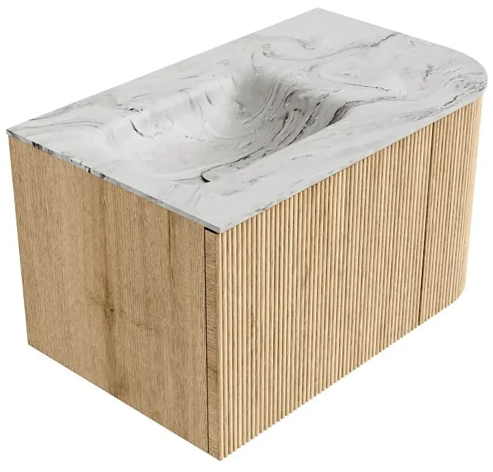 Mondiaz Kurve-dlux 75cm badmeubel ronding rechts oak met 1 lade en deur en wastafel grunne links zonder kraangat glace