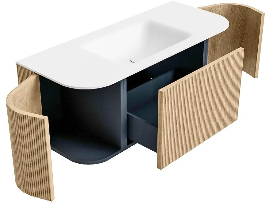 Mondiaz Kurve 110cm badmeubel ronding links/rechts oak met 1 lade en 2 deuren en wastafel cloud midden zonder kraangat