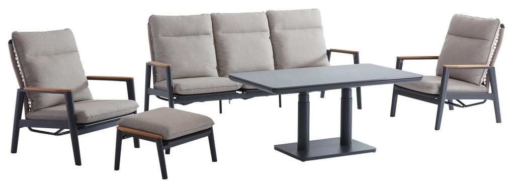 Alzano stoel bank loungeset 5 delig verstelbaar zand rope aluminium antraciet