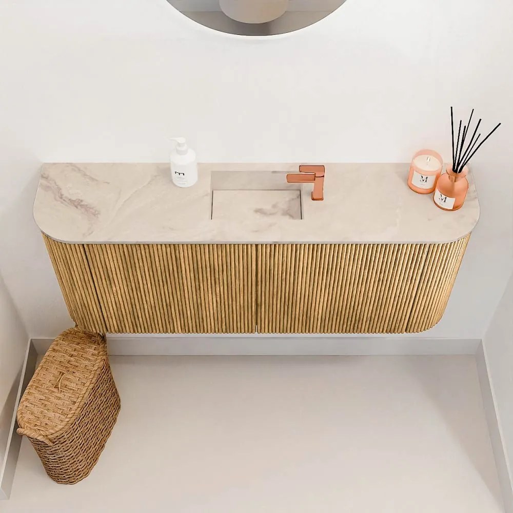 Mondiaz Joya DLux 105cm toiletmeubel ronding links/rechts oak met wastafel faye midden 1 kraangat frappe