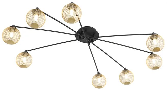 Moderne plafondlamp zwart met goud 8-lichts - Athens Wire