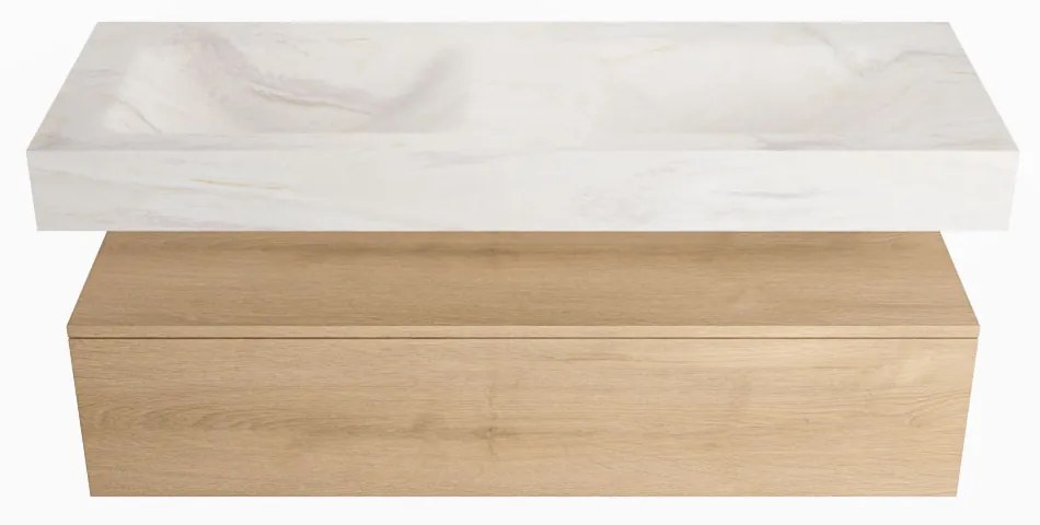 Mondiaz Alan DLux badmeubel 130cm washed oak 1 lade met wastafel ostra dubbel 2 kraangaten