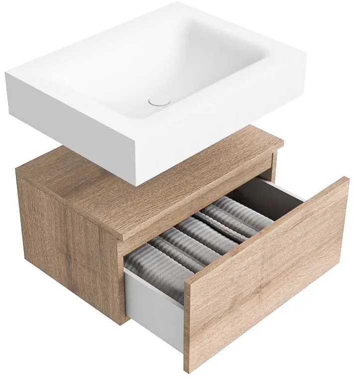 Zaro Alan badmeubel 60cm washed oak 1 lade met vrijhangende wastafel cloud midden 1 kraangat talc