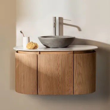 Carsone Hangend Badkamermeubelset Van Hout Natuurlijk Hout & Zonder Extra Eenheid & Rond Grijs Cement Ø40 Cm Tarsis & Spiegelloze - Sklum