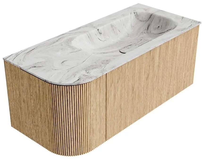 Mondiaz Kurve-dlux 105cm badmeubel ronding links oak met 1 lade en deur en wastafel big small kraangat rechts glace