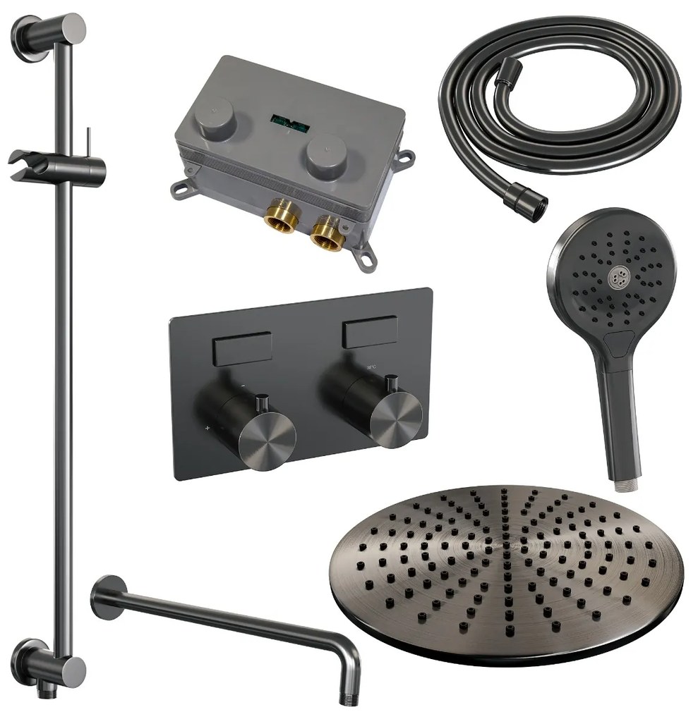 Brauer Gunmetal Edition thermostatische inbouw regendouche met 3 standen handdouche, gebogen muurarm, glijstang en hoofddouche 30cm set 70 gunmetal geborsteld PVD