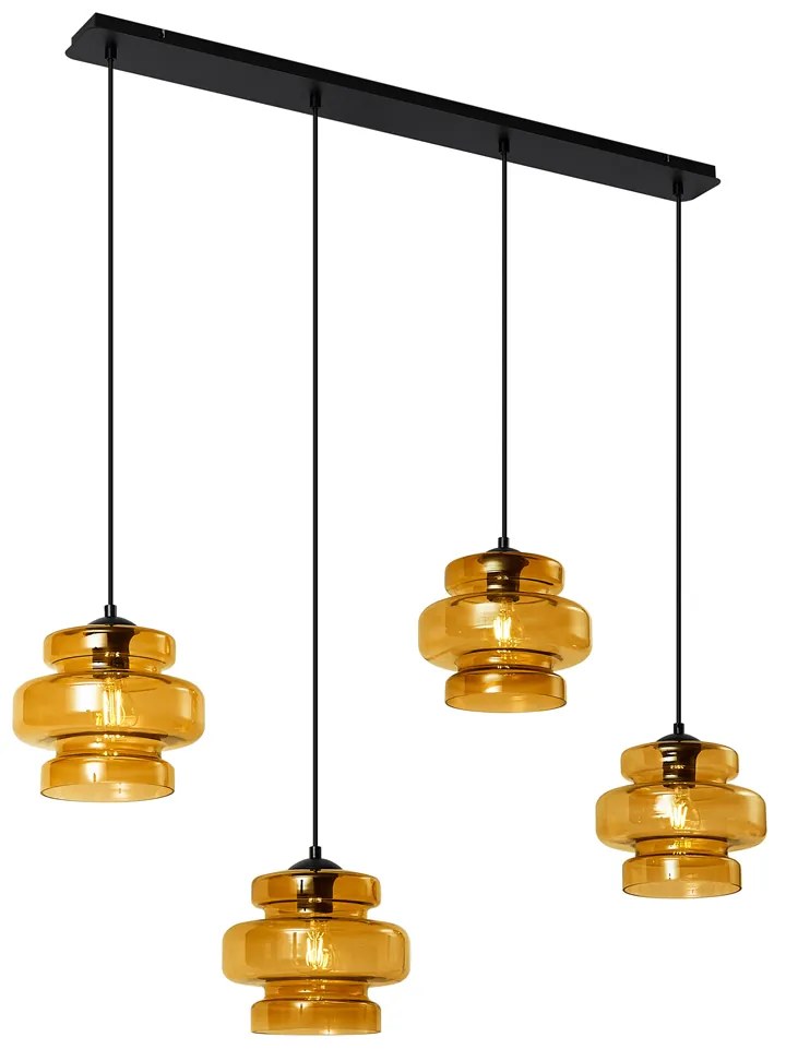 Retro hanglamp zwart met oranje glas 4-lichts - Denise