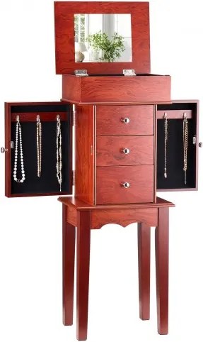 VEVOR Sieradenkast, staande houten sieradenkast met 3 lades, opklapbare spiegel, 4 bovenste planken, handgrepen van zinklegering, 2 zijdeuren met 6 kettinghaken