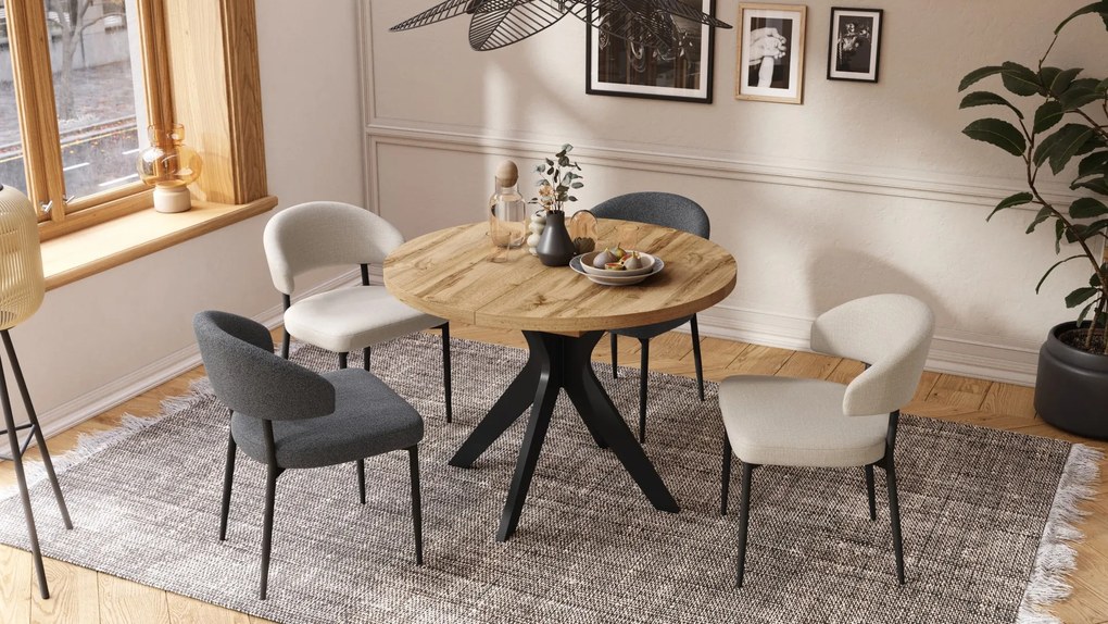 RENZO Wotan Eiken/zwarte poot - RONDE TAFEL Ø110 UITKLAPBAAR TOT 180 cm | VOOR DE KEUKEN EETKAMER WOONKAMER RETRO