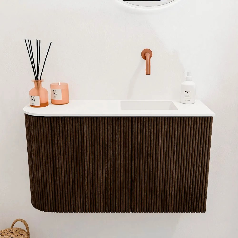 Mondiaz Joya 70cm toiletmeubel ronding links walnut met wastafel faye rechts zonder kraangat talc
