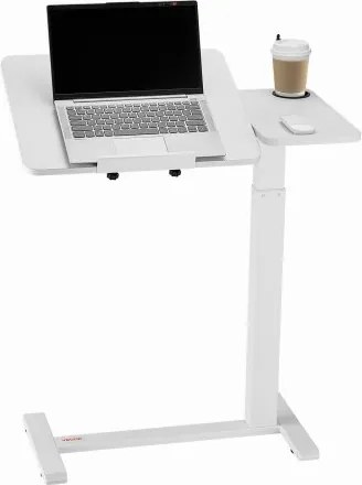 VEVOR Bedtafel, bijzettafel, laptoptafel, bedtafel op wielen, wit, opklapbaar tafelblad voor thuis, kantoor of studie, met bekerhouder, in hoogte en hoek verstelbaar hydraulisch hef-/kantelmechanisme.