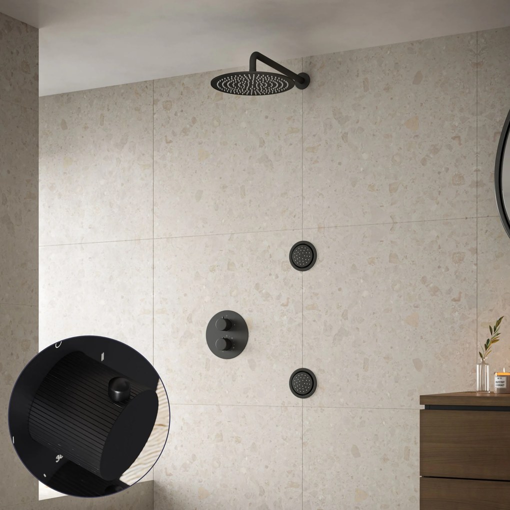 Saniclear Nero Stripes inbouw regendouche 30cm met ronde massagejets en muurarm zwart mat