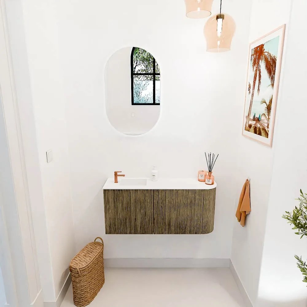 Mondiaz Joya 90cm toiletmeubel ronding rechts dusk met wastafel faye links 1 kraangat talc