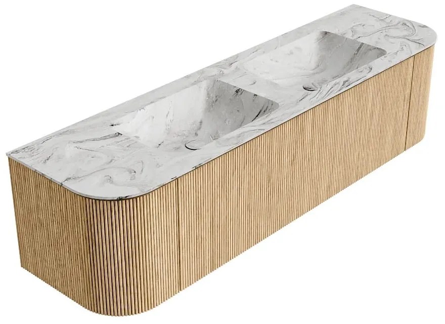 Mondiaz Kurve-dlux 170cm badmeubel ronding links/rechts oak met 1 lade en 2 deuren en wastafel leaf dubbel zonder kraangat glace