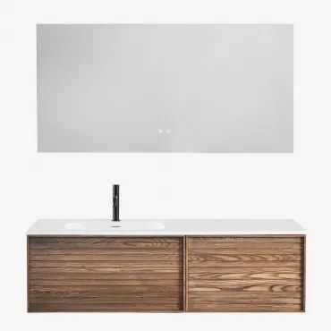 Badmeubelset Van Hout Met Geïntegreerde Wastafel Solea Natuurlijk Hout & Rectangular Led And Antifog 140x75 Cm Riben & Zwart ↑20 - Sklum