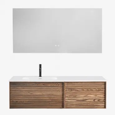 Solea Houten Badkamermeubelset Met Geïntegreerde Wastafel Natuurlijk Hout & Rectangular Led And Antifog 140x75 Cm Riben & Zwart ↑20 - Sklum