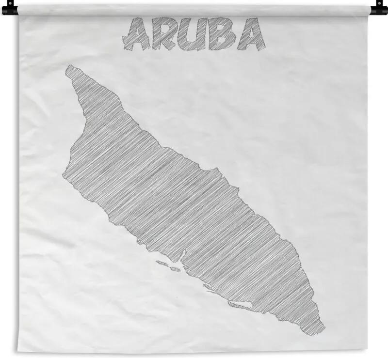 Wandkleed Aruba illustratie - Zwart-wit illustratie van een schets van Aruba Wandkleed katoen 180x180 cm - Wandtapijt met foto