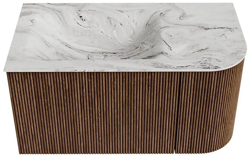 Mondiaz Kurve-dlux 85cm badmeubel ronding rechts walnut met 1 lade en deur en wastafel cloud kraangat links glace