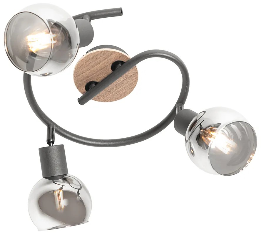Plafondlamp zwart 44,5 cm met smoke glas en hout 3-lichts - Vidro