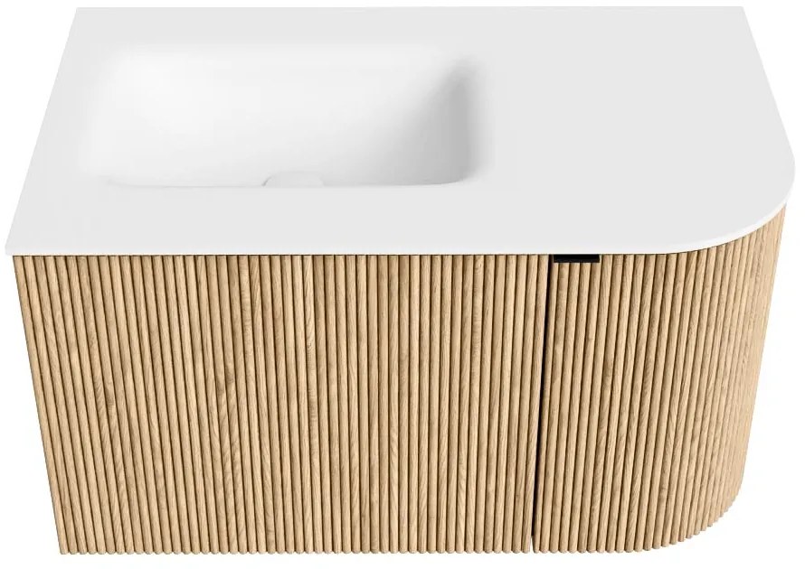 Mondiaz Kurve 75cm badmeubel ronding rechts oak met 1 lade en deur en wastafel grunne kraangat links