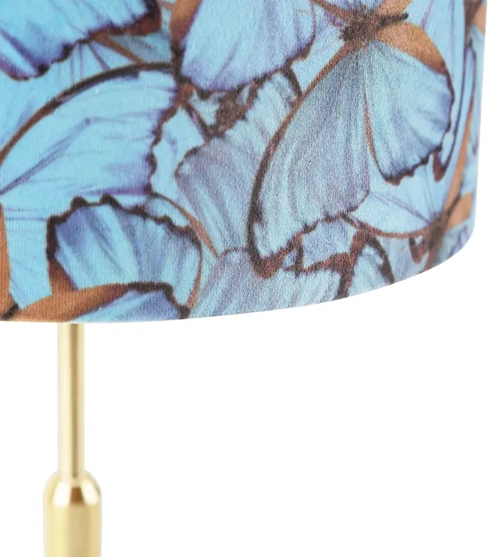 Stoffen Tafellamp goud/messing met velours kap vlinders 25 cm - Parte Klassiek / Antiek E27 cilinder / rond rond Binnenverlichting Lamp