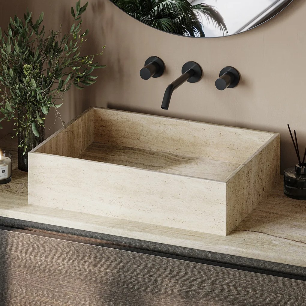 Fontana White Travertin kasteel bruin wastafelmeubel 80cm met toppaneel en rechthoekige waskom