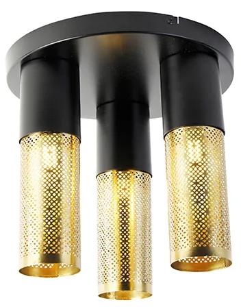 Industriële plafondlamp zwart met goud rond 3-lichts - Raspi Industriele / Industrie / Industrial E27 Binnenverlichting Lamp