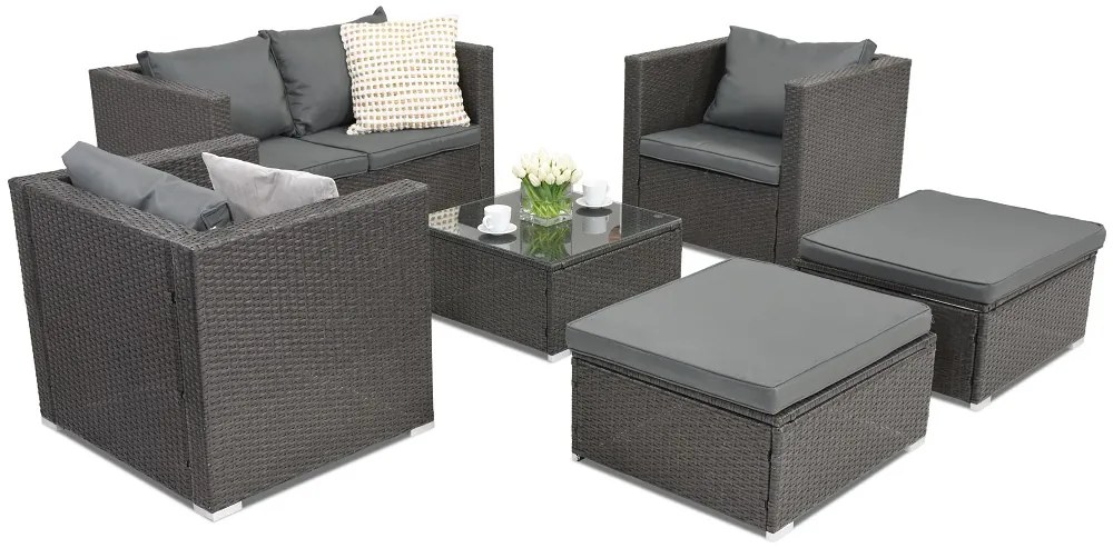 Garden Point antraciet technorattan tuinmeubelen Roma Coffee 4 + 2 poefs