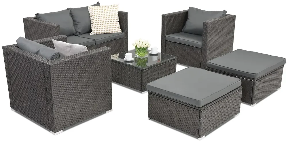 Garden Point antraciet technorattan tuinmeubelen Roma Coffee 4 + 2 poefs