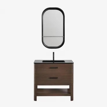 Badmeubelset 90x50 Cm Van Hout Met Geïntegreerde Wastafel Misene Mat Zwart ↑20 Cm Met Afvoerkraan Met Overloop Orveta & Donker Hout & Ovaal Met Plank