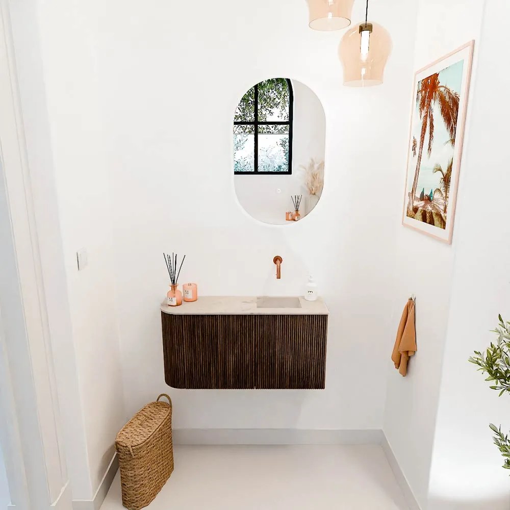 Mondiaz Joya DLux 80cm toiletmeubel ronding links walnut met wastafel faye rechts zonder kraangat frappe