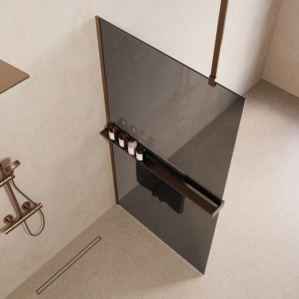 Saniclear Bright inloopdouche 90cm met handdoekhouder en rookglas verouderd messing