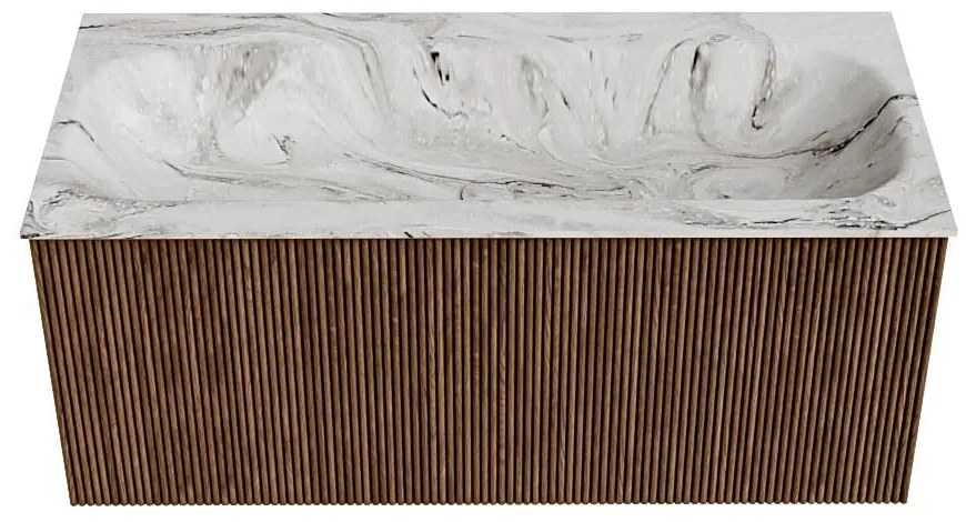 Mondiaz Kurve-dlux 100cm badmeubel walnut met 1 lade en wastafel big medium midden 1 kraangat glace