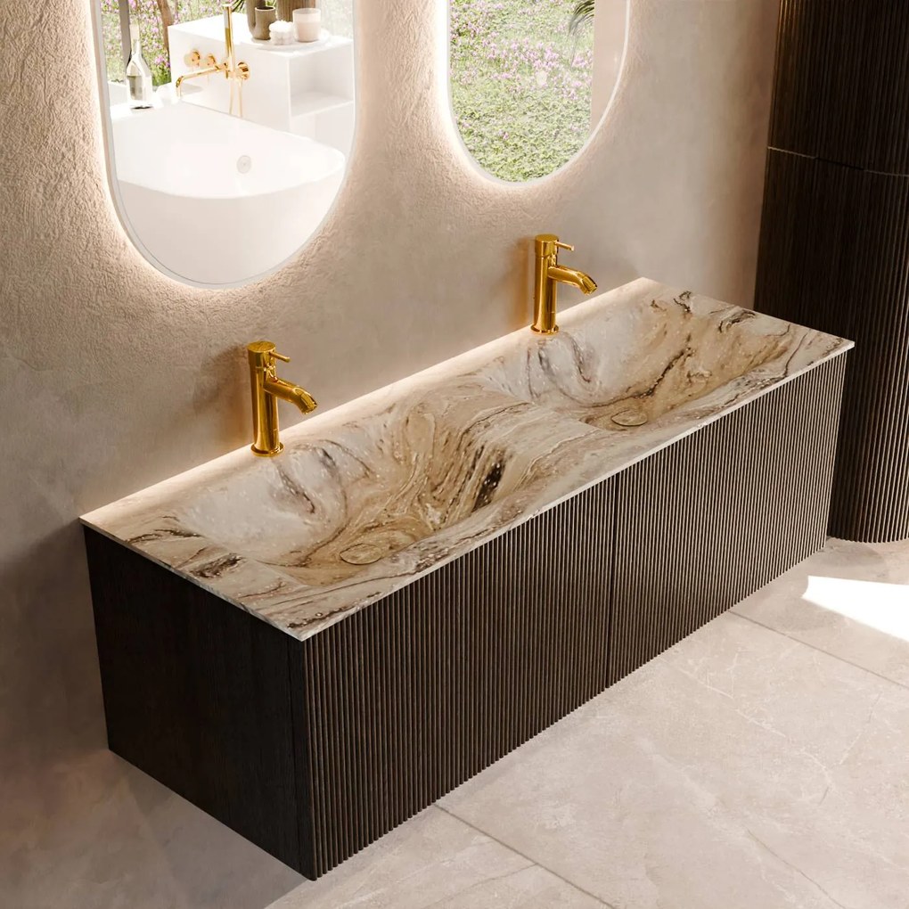 Mondiaz Kurve-dlux 130cm badmeubel shadow met 2 lades en wastafel leaf dubbel 2 kraangaten glace