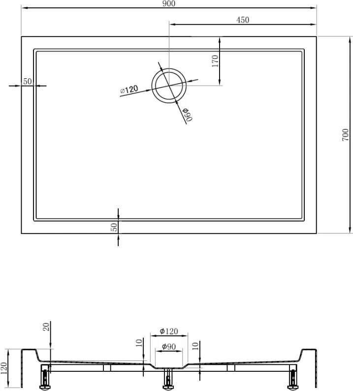 Mexen Flow+ rechthoekige douchebak 90 x 70 cm, wit glans - 46R107090H