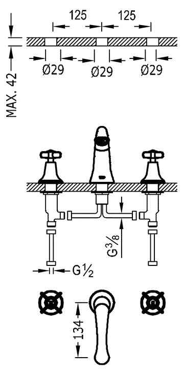 Tres Clasic 3-gats wastafelkraan mat verouderd messing