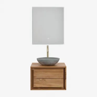 Jabari Teakhouten Badkamermeubelset Teakhout & Rond Grijs Cement Ø40 Cm Tarsis & Rechthoekige Led En Anticondens 60x70 Cm Riben & Goud - Sklum