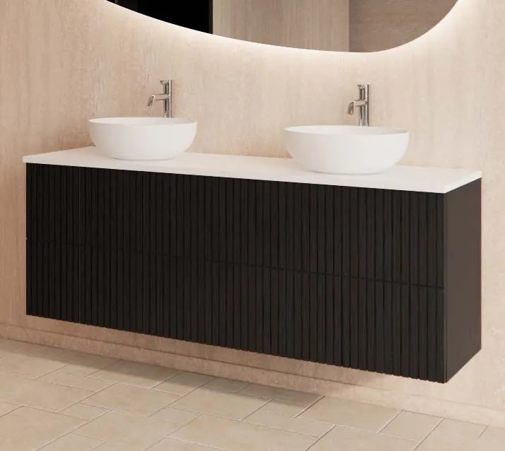 Gliss Design Hybris badkamermeubel met ribbelfront en mat wit toppaneel 140cm black veneer