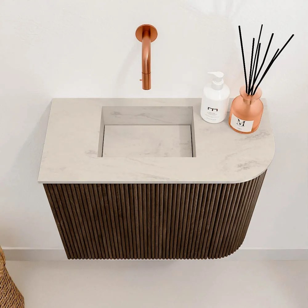 Mondiaz Joya DLux 50cm toiletmeubel ronding rechts walnut met wastafel faye links zonder kraangat opalo