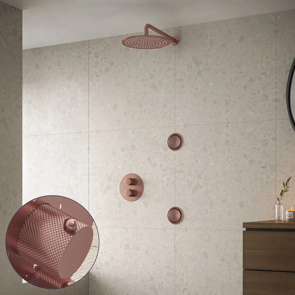 Saniclear Copper Curved inbouw regendouche 20cm met ronde massagejets en muurarm geborsteld koper