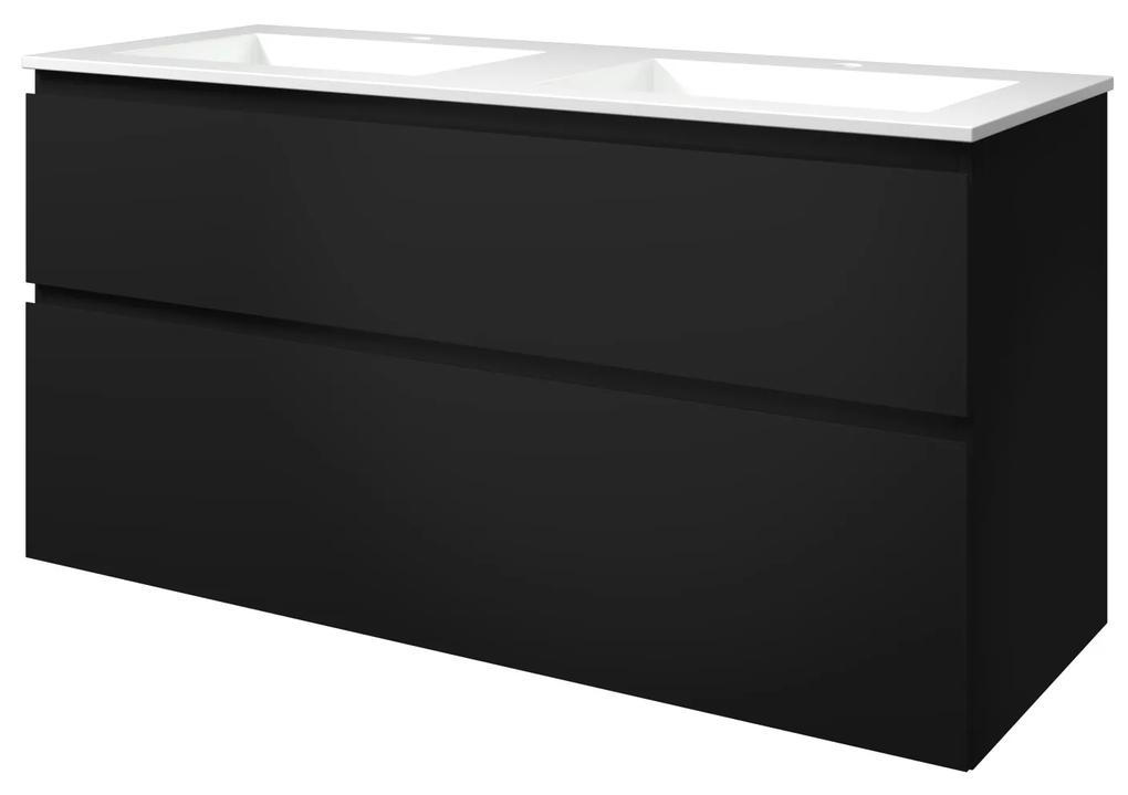 Elegant badmeubel met polystone wastafel met 2 kraangaten en onderkast a-symmetrisch - Mat zwart/Glans wit - 120x46cm (bxd)