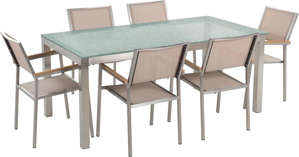 Tuinset matglas/RVS enkel tafelblad 180 x 90 cm met 6 stoelen beige GROSSETO