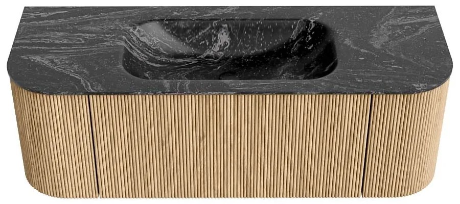 Mondiaz Kurve-dlux 130cm badmeubel ronding links/rechts oak met 1 lade en 2 deuren en wastafel big small midden zonder kraangat lava