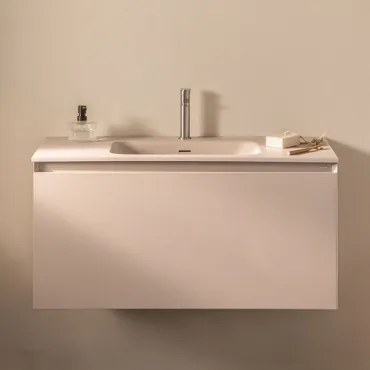 Macrae Zwevend Houten Badkamermeubelset Met Geïntegreerde Wastafel Beige – Linnen & Spiegelloze & Geborsteld Grijs - Sklum