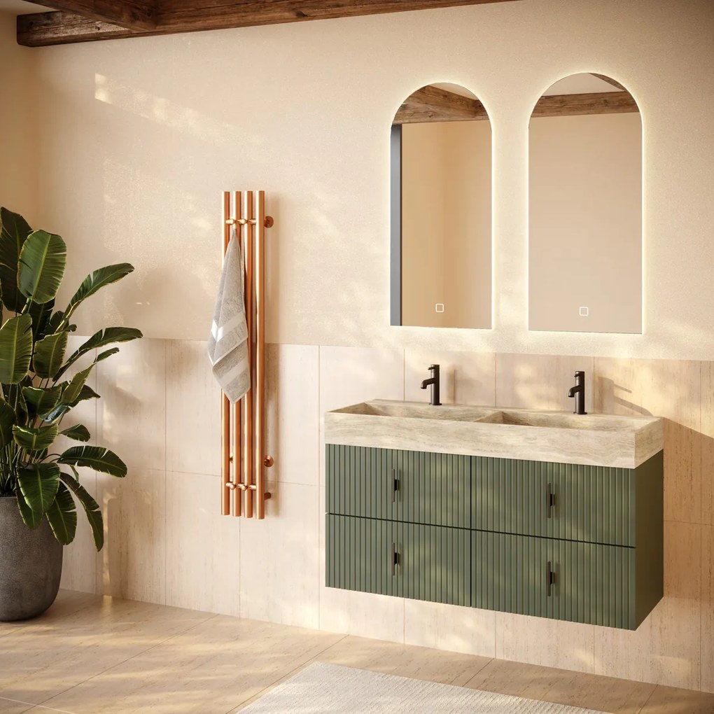 Muebles Murcia badmeubel ribbelfront 120cm legergroen met White Travertin wastafel met kraangaten