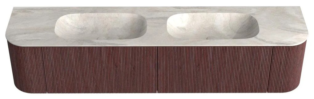 Mondiaz Kurve-dlux 200cm badmeubel ronding links/rechts ruby met 2 lades en deuren en wastafel stor small dubbel zonder kraangat ostra
