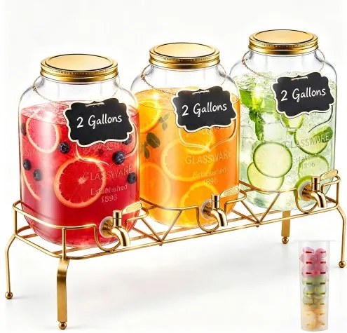 VEVOR Drankdispenser (3 x 8 L) voor Feesten Sapdispenser (gemaakt van glas) met druppelvrije kraan en metalen standaard Waterdispenser voor restaurants, feesten, limonade, ijsthee, zelfgemaakte drankdispenser