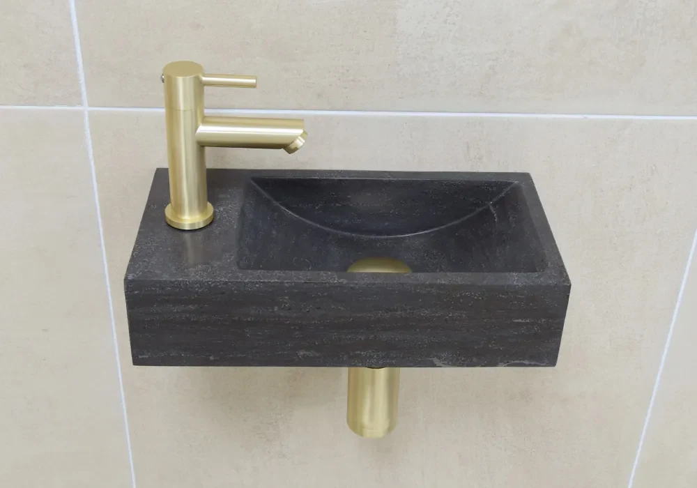 Mueller Small natuursteen fonteinset links met gouden kraan en toebehoren
